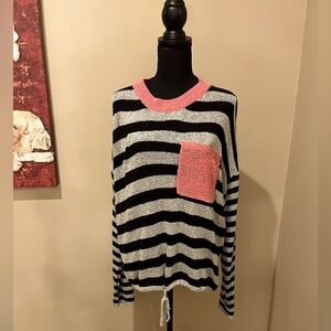 White Birch Striped  Sweater with contrast crew collar & pocket, size Small